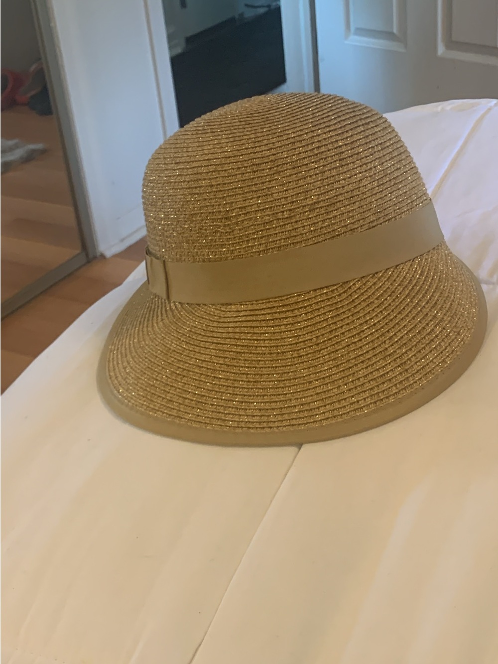 Vince Camuto Gold Glitter Straw Cloche Hat with Ribbon